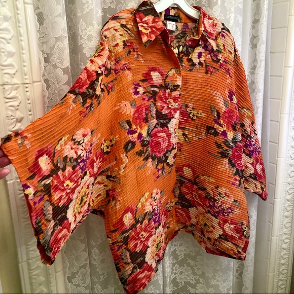SAITHONG * NWOT Designer Vibrant Orange Floral Kimono-Style Blouse - Picture 3 of 6